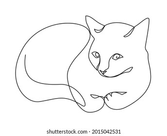 El contínuo dibujo de una línea de gato satisfecho se encuentra sobre un fondo blanco. Dibujar alegre gato doméstico mintiendo