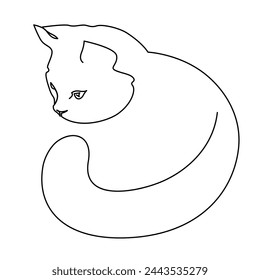 Continuous one line drawing of satisfied cat lies on a white background. Simple drawing happy domestic cat lying