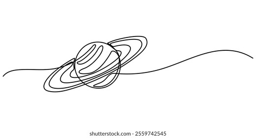 Continuous one line drawing Saturn Planet. Vector illustration, vector illustration continuous line art drawing of ringed planet, Majestic saturn spins one. 