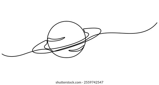 Continuous one line drawing Saturn Planet. Vector illustration, vector illustration continuous line art drawing of ringed planet, Majestic saturn spins one. 