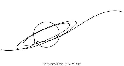 Continuous one line drawing Saturn Planet. Vector illustration, vector illustration continuous line art drawing of ringed planet, Majestic saturn spins one. 