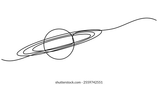 Continuous one line drawing Saturn Planet. Vector illustration, vector illustration continuous line art drawing of ringed planet, Majestic saturn spins one. 