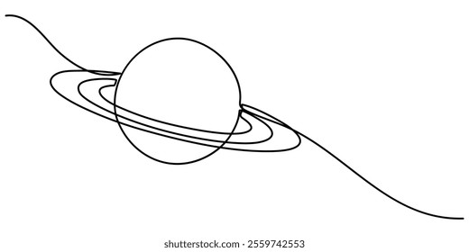 Continuous one line drawing Saturn Planet. Vector illustration, vector illustration continuous line art drawing of ringed planet, Majestic saturn spins one. 