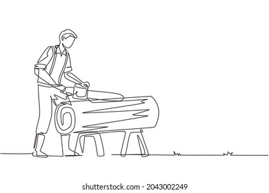 Continuous one line drawing sawmill concept. Professional lumberjack cutting tree by chainsaw for further transportation, processing. Global deforestation. Single line draw design vector illustration