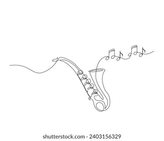 Dibujo continuo de una línea de saxofón. Saxofón con ilustración vectorial de contorno de música de notas. Trazo editable.