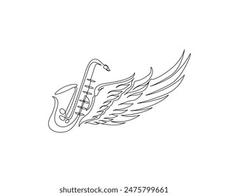 Continuous one line drawing of saxophone with wings. Saxophone and angel wings outline vector illustration. Editable stroke.