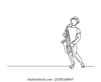 Continuous one line drawing of Saxophonist mucisian. Saxophone player single line art vector illustration. Editable vector. 
