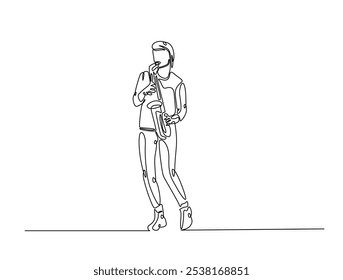 Continuous one line drawing of Saxophonist mucisian. Saxophone player single line art vector illustration. Editable vector. 
