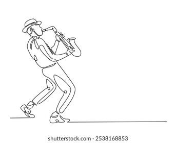 Continuous one line drawing of Saxophonist mucisian. Saxophone player single line art vector illustration. Editable vector. 
