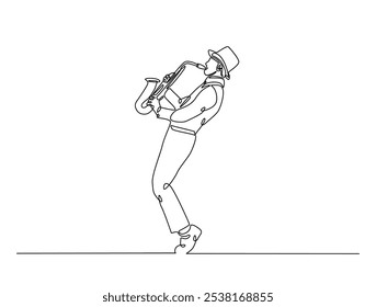 Continuous one line drawing of Saxophonist mucisian. Saxophone player single line art vector illustration. Editable vector. 
