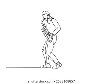 Continuous one line drawing of Saxophonist mucisian. Saxophone player single line art vector illustration. Editable vector. 
