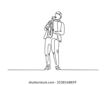 Continuous one line drawing of Saxophonist mucisian. Saxophone player single line art vector illustration. Editable vector. 
