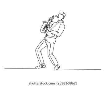 Continuous one line drawing of Saxophonist mucisian. Saxophone player single line art vector illustration. Editable vector. 
