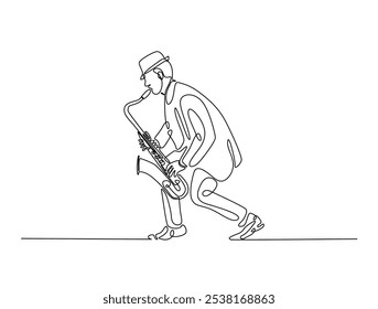 Continuous one line drawing of Saxophonist mucisian. Saxophone player single line art vector illustration. Editable vector. 
