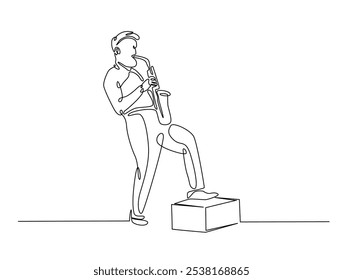 Continuous one line drawing of Saxophonist mucisian. Saxophone player single line art vector illustration. Editable vector. 
