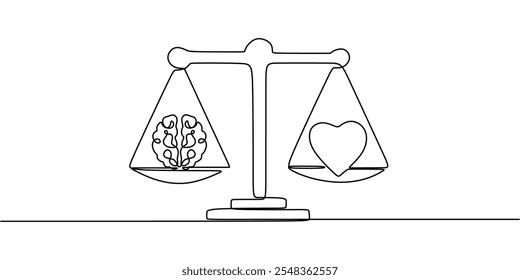 Continuous one line drawing of a scale with a brain and heart on either side, representing the balance of logic and emotion in psychology.