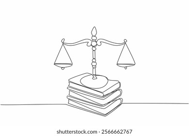 Continuous one line drawing scale on top of 3 stacks of thick books. Symbol of the rule of law. Just law. Justice makes society safe. Equality. Law Day. Single line draw design vector illustration