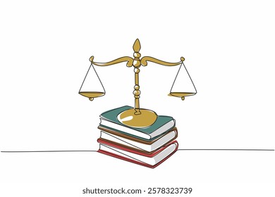 Continuous one line drawing scale on top of 3 stacks of thick books. Symbol of the rule of law. Just law. Justice makes society safe. Equality. Law Day. Single line draw design vector illustration