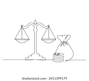 Un plano continuo de una línea de escalas de justicia y dinero. Bolsa de dinero ang escalas de la línea de justicia ilustración vectorial.