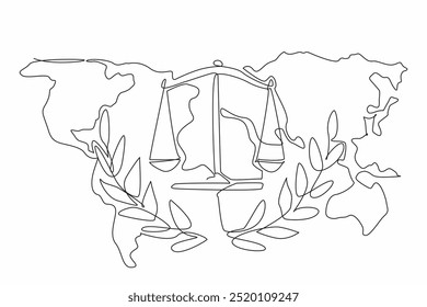 Una línea continua dibujando una escala de justicia en el fondo del mapa del mundo. Compromiso mundial con la equidad y la paz. Triunfo. Día Mundial de la Justicia Social. Ilustración vectorial de diseño de dibujo de línea única