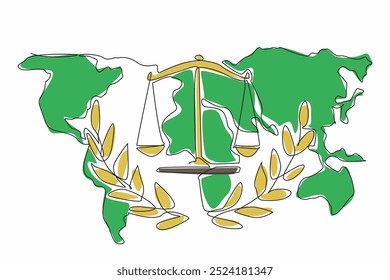 Continuous one line drawing a scales of justice on the world map background. Global commitment to fairness and peace. Triumph. World Day of Social Justice. Single line draw design vector illustration