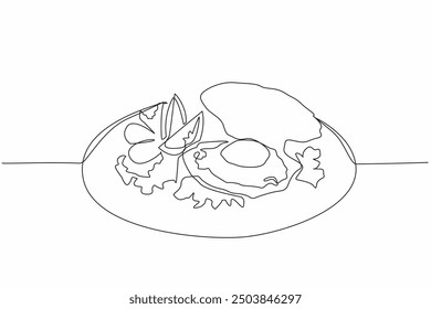 Continuous one line drawing one scallop baked with shell open. Food presentation that increases appetite. Delicious seafood. National Baked Scallops Day. Single line draw design vector illustration