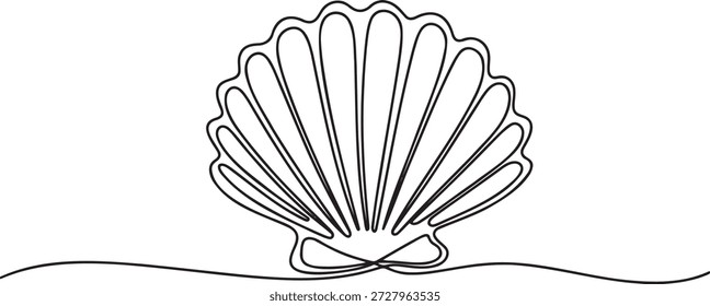 Continuous one line drawing of a scallop seashell. Ocean symbol and logo concept. Minimalist line art for nautical and beach themes. Simple design element for marine life illustration. Hand drawn vector for coastal decor. Aquatic motif for branding and logos. Outline drawing for print and web. Abstract art for decorative purposes. Sea shell sketch for textile or apparel design. Natural beauty icon for environmental projects. Marine ecosystem representation. Delicate form for artistic projects.