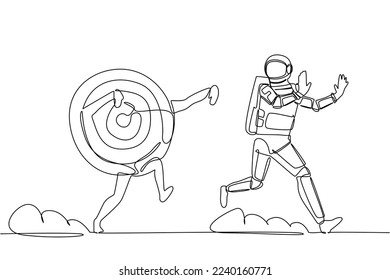 Continuous one line drawing scare astronaut being chased by archery bullseye target. Losing idea in business goals. Run fast to escape in outer space. Single line design vector graphic illustration