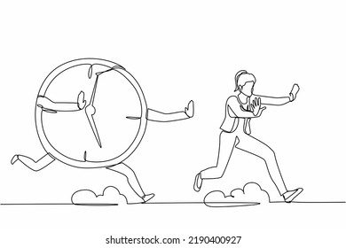 Continuous one line drawing scared businesswoman being chased by time, deadline. Female worker hurry in project schedule, productivity. Minimalist metaphor. Single line draw design vector illustration
