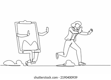 Continuous one line drawing scared businesswoman being chased by clipboard. Female manager in deadline checklist application paper sheets document. Single line draw design vector graphic illustration