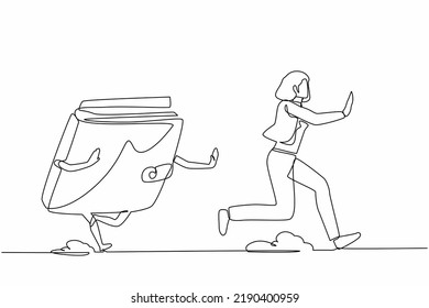 Continuous one line drawing scared businesswoman being chased by wallet. Female worker losing money, wasteful spending, gone money. Minimalist metaphor. Single line design vector graphic illustration