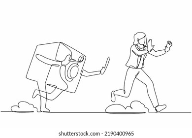 Continuous one line drawing scared businesswoman being chased by safe deposit box. Female worker hurry in financial secure system, banking protection. Single line design vector graphic illustration