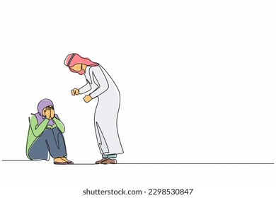 Continuous one line drawing scared Arab female afraid of husband, domestic violence. Man beating wife, quarreling couple. Emotional personages arguing. Single line design vector graphic illustration