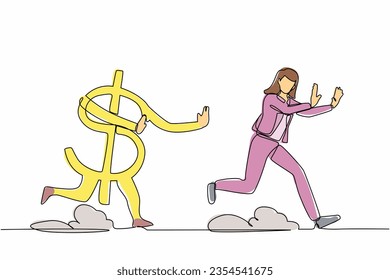 Continuous one line drawing scared businesswoman being chased by dollar symbol. Employee losing her money. Financial crisis. Minimalist metaphor. Single line draw design vector graphic illustration