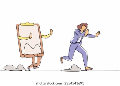 Continuous one line drawing scared businesswoman being chased by clipboard. Female manager in deadline checklist application paper sheets document. Single line draw design vector graphic illustration