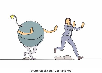 Continuo dibujo de una línea asustó a una mujer de negocios que fue perseguida por una bomba. Las trabajadoras evitan problemas financieros, cargas fiscales. Metáfora minimalista. ilustración vectorial de diseño de línea única