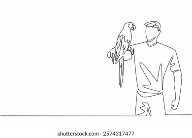 Continuous one line drawing scarlet macaw parrot perched on hand of man. An intelligent bird with lots of energy and character. Pet birds. Man Holding Bird. Single line draw design vector illustration