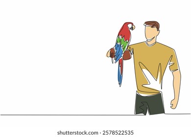 Continuous one line drawing scarlet macaw parrot perched on hand of man. An intelligent bird with lots of energy and character. Pet birds. Man Holding Bird. Single line draw design vector illustration