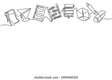 Continuous one line drawing of school equipment set, abacus, notepad, paper, pencil. Back to school hand drawn minimalism concept. Single line draw design for education vector graphic illustration