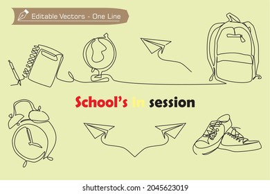 continuous one line drawing of school tools set, book, pen, globe, paper planes, bag, alarm clocks, shoes. school's in session, teacher's day, back to school, education concept. Vector illustration.