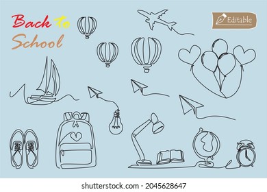 Continuous one line drawing of school tools set, bags, books, alarm clocks, shoes, hot air balloons, lights, paper airplanes, sailing boats, study lights, globes. School's in session, back to school.