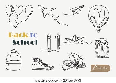 Continuous one line drawing of school tools set, gas balloons, heart balloons, hot air balloons, paper airplanes, alarm clocks, books, pens, paper boats, bags, pencil. School's in session, Linevector.