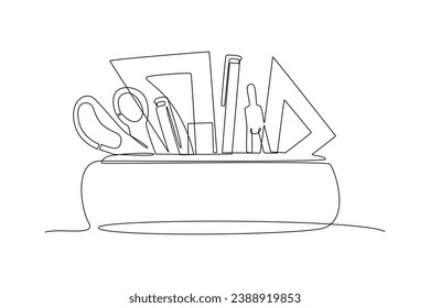 Continuous one line drawing School tools, supplies. Stationery concept. Doodle vector illustration.