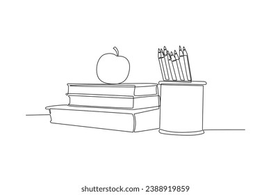 Continuous one line drawing School tools, supplies. Stationery concept. Doodle vector illustration.