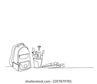 Continuous one line drawing of school bag with  stationery. Stationery outline vector illustration. Back to school and education concept. Editable stroke.