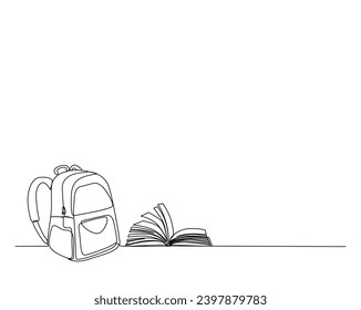 Continuous one line drawing of school bag and books. Stationery outline vector illustration. Back to school and education concept. Editable stroke.