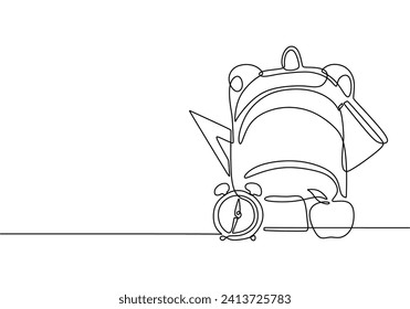 Continuous one line drawing school bag with stationery kit. Back to school hand drawn study stuff.