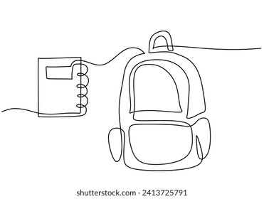 Continuous one line drawing. School bag with books. Education back to school concept.