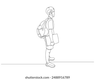Dibujo continuo de una línea del estudiante de la escuela con la mochila del bolso. Ilustración de dibujo de una línea de estudiante llevando mochila. Arte de la línea de concepto de regreso a la escuela.