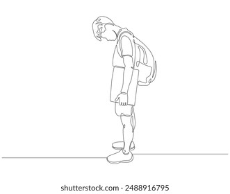 Continuous one line drawing of school student with bag backpack. One line drawing illustration of student carrying backpack. Back to school concept line art. Editable outline.